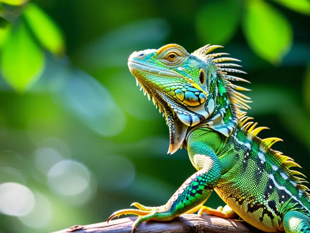 Detalle de una iguana verde capturando un insecto en un árbol