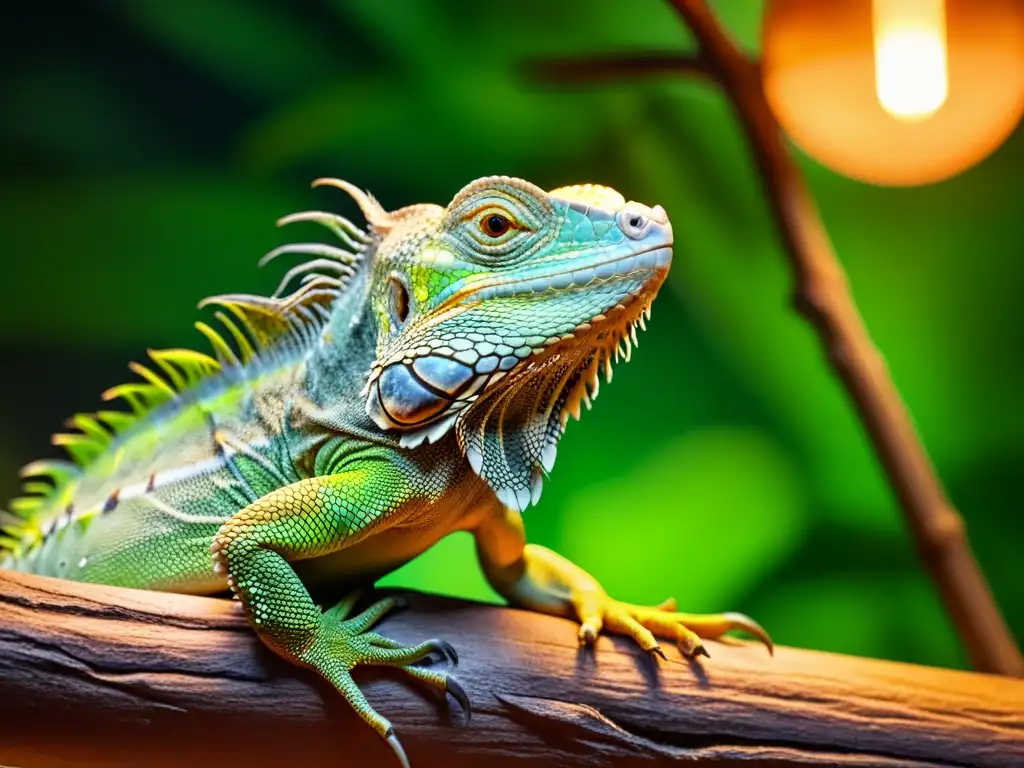 Detalle de una iguana verde bajo una lámpara de calor en un terrario, mostrando termorregulación en reptiles en cautiverio