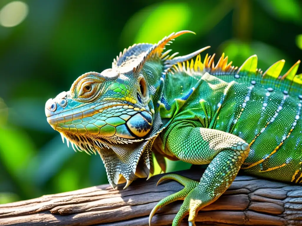 Detalle de una iguana verde en su rama, con escamas y ojo nítidos