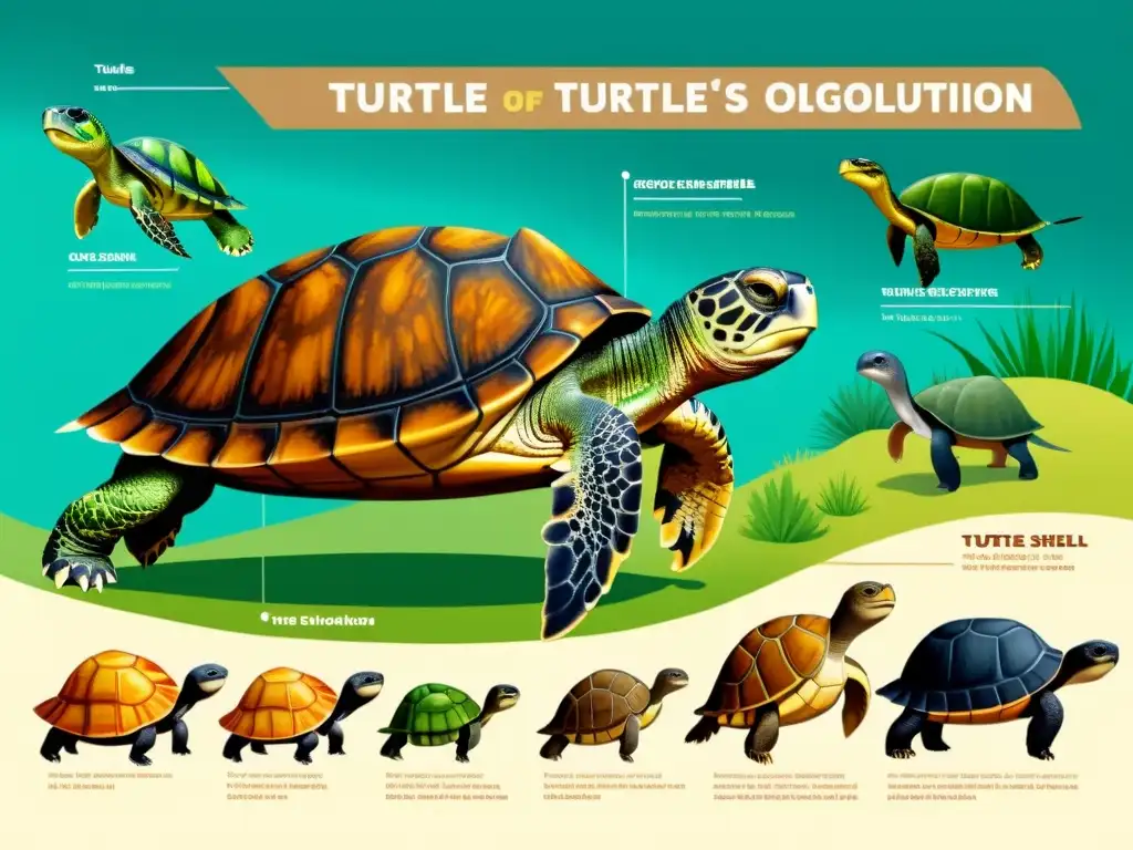 Detalle de ilustraciones de la evolución de las tortugas a través de diferentes eras geológicas, mostrando su desarrollo anatómico y ecológico