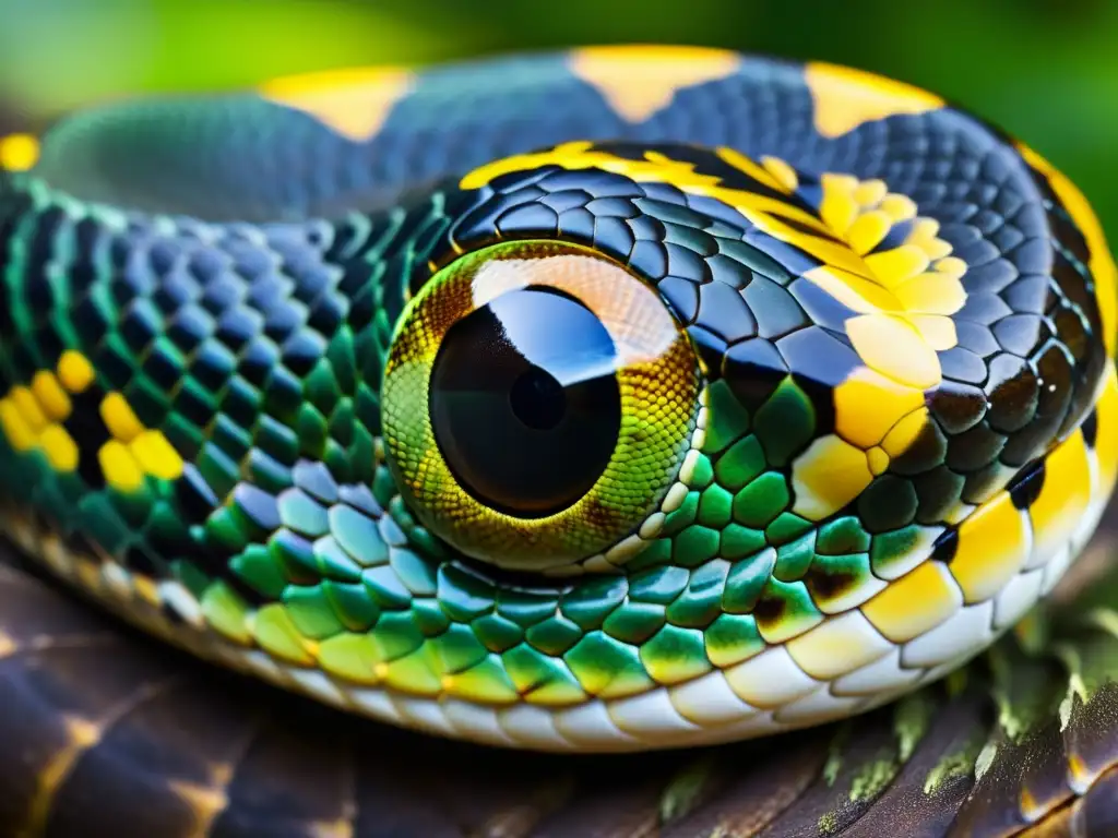 Detalle impactante de la cabeza de una serpiente, con patrón de escamas único y mirada intensa