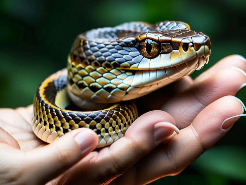 Detalle impactante de colmillos de serpiente venenosa hundiéndose en la piel humana