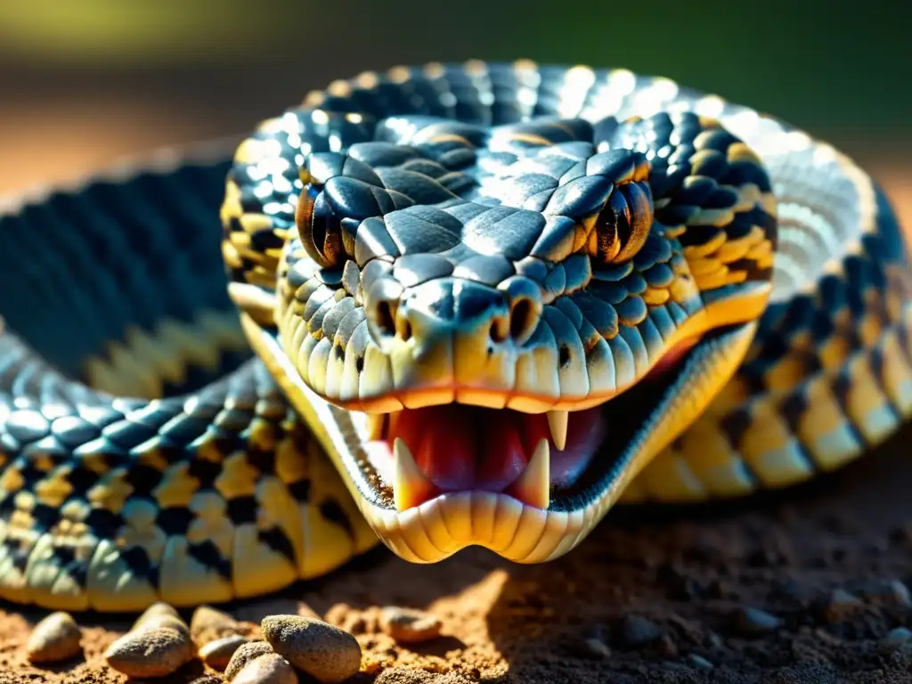 Detalle impactante de los colmillos de una serpiente venenosa, mostrando la complejidad de su veneno