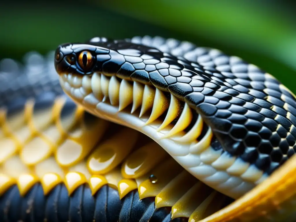 Detalle impactante de fangos de serpiente inyectando veneno en presa, destacando la biología y conservación