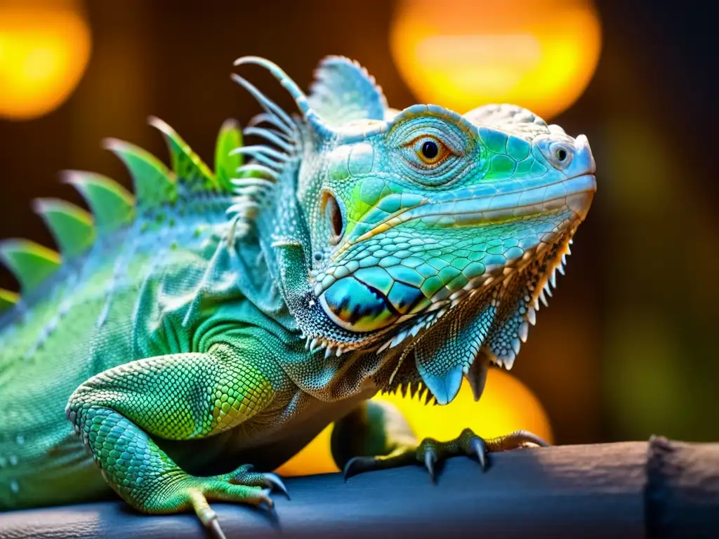 Detalle impactante de un iguana verde bajo una lámpara de calor, adaptándose a ciclos de luz y oscuridad en cautiverio