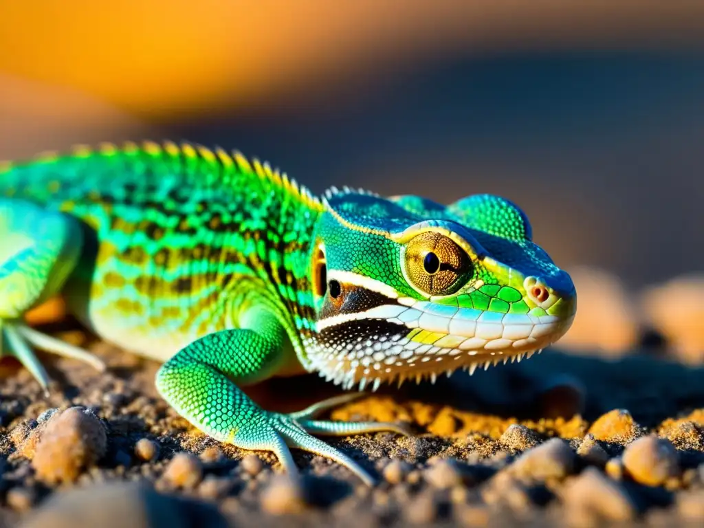 Detalle impactante: lengua de lagarto capturando insecto, escamas iridiscentes resaltadas por la luz, paisaje árido