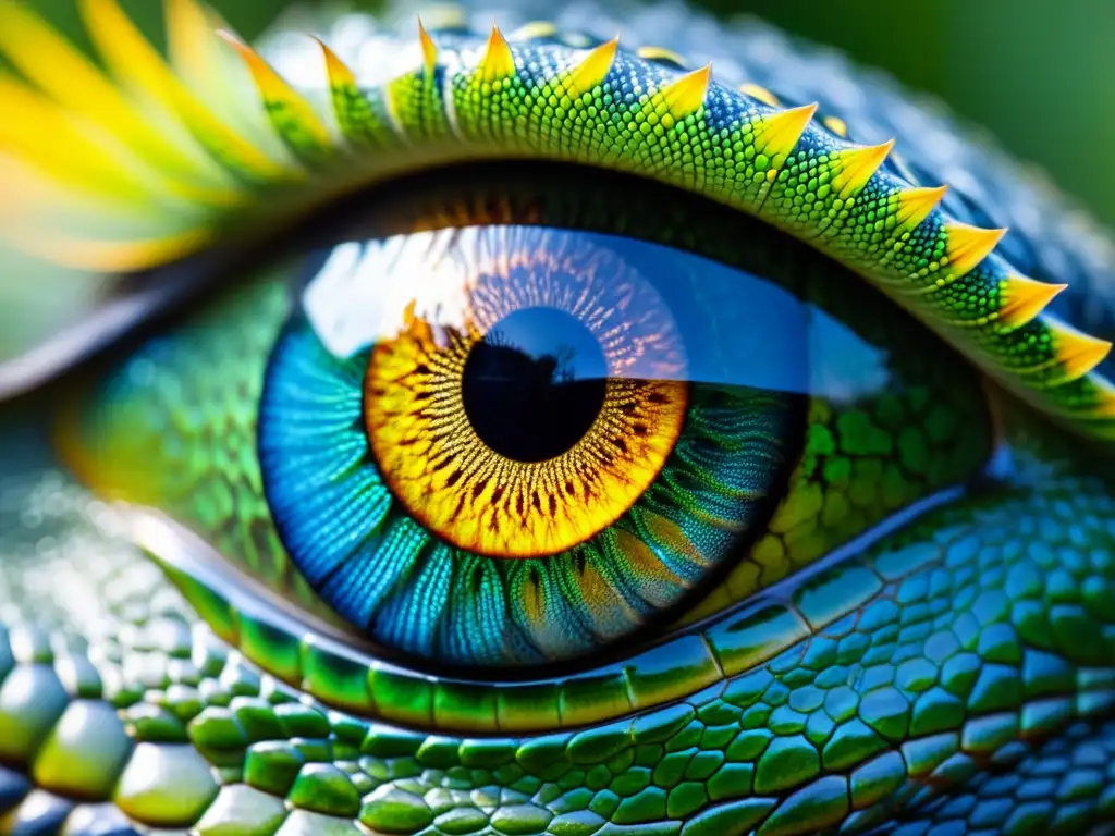 Detalle impactante del ojo de un reptil, resaltando su percepción ambiental y vitalidad