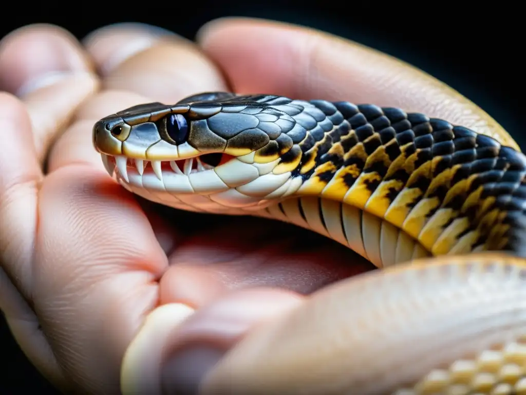 Detalle impactante de fangs de serpiente venenosa mordiendo el brazo humano, mostrando efectos del veneno