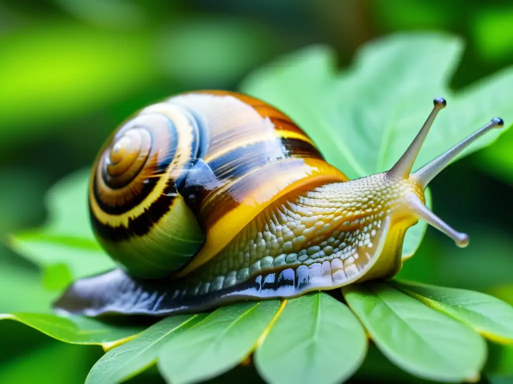 Detalle impresionante del caracol gigante africano en su hábitat natural, resaltando el impacto del caracol gigante africano en el ecosistema