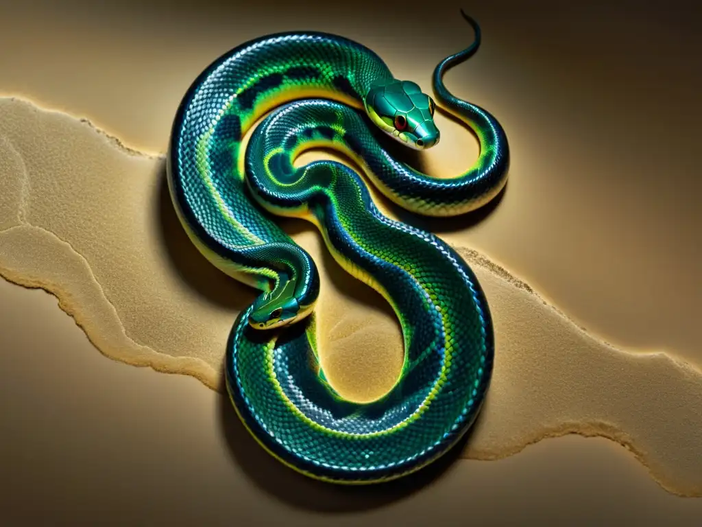 Detalle impresionante de la anatomía de una serpiente sin extremidades, resaltando sus escamas iridiscentes y su forma sinuosa