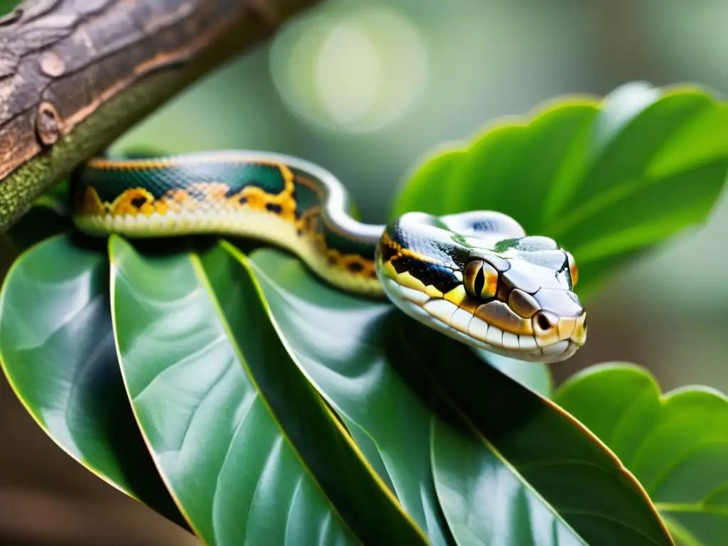 Detalle impresionante de la anatomía de una serpiente sin extremidades, enredada alrededor de una rama con patrones y escamas claramente visibles