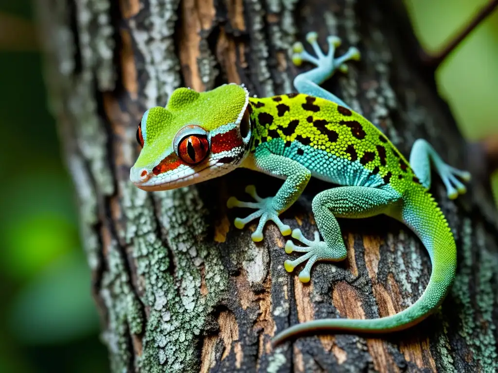 Detalle impresionante del camuflaje en reptiles y anfibios: el gecko con su piel y entorno, fusionados en el tronco cubierto de líquenes