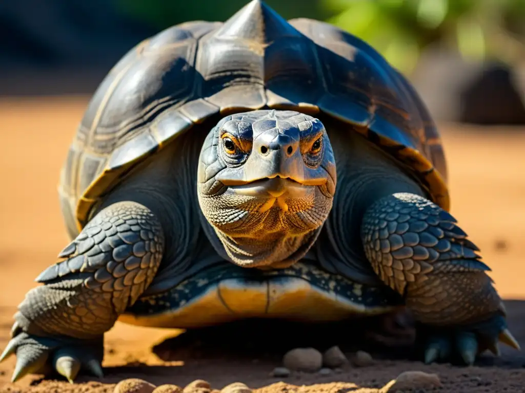 Detalle impresionante de la caparazón de una tortuga de Galápagos, mostrando su apariencia antigua y resistente