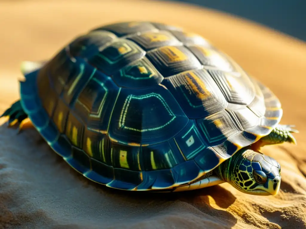 Detalle impresionante del caparazón de una tortuga doméstica, mostrando sus patrones y texturas