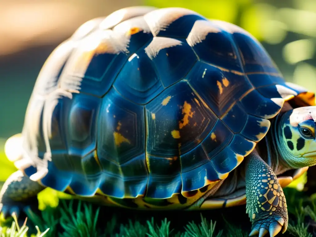 Detalle impresionante de la concha de una tortuga, con patrones y texturas únicos