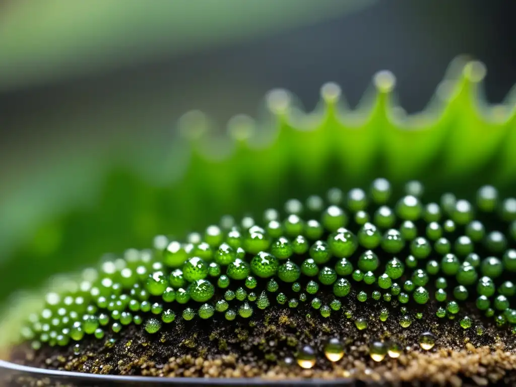 Detalle impresionante del control de humedad en terrarios: red de musgo, gotas de agua y exuberante vegetación en un ecosistema vibrante