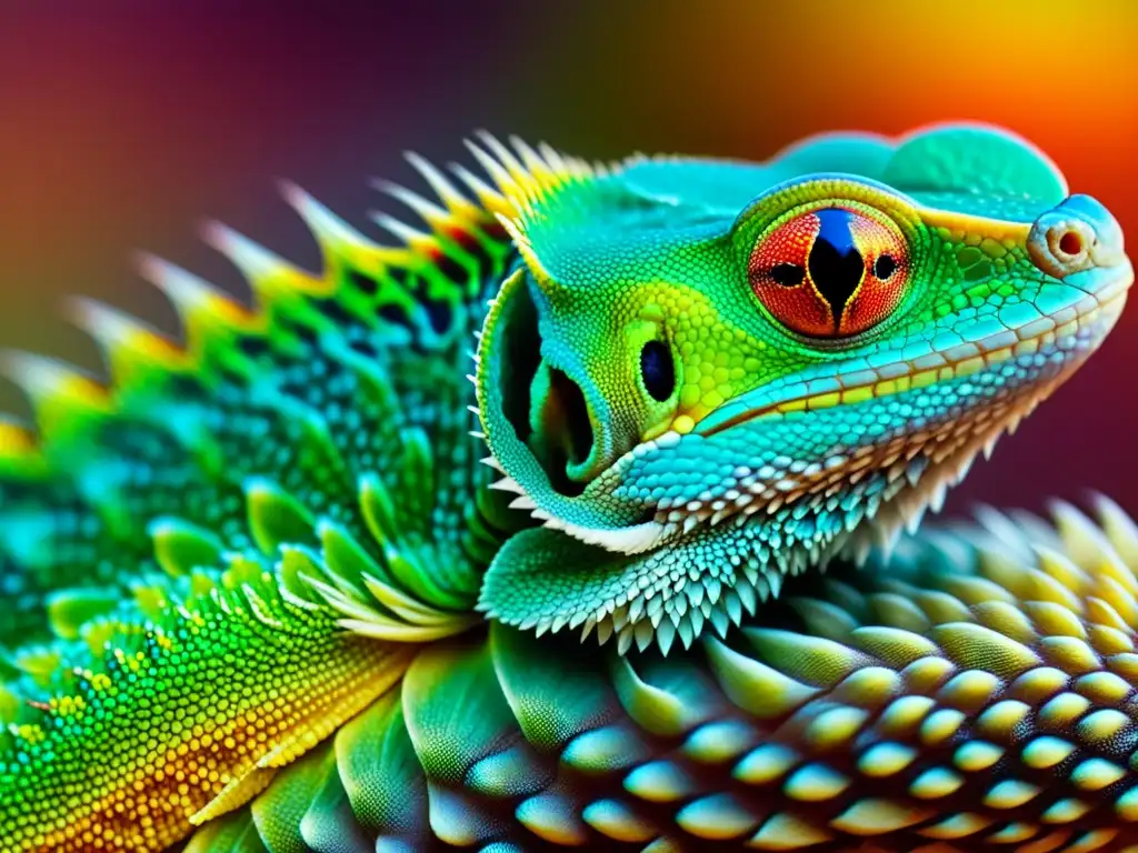 Detalle impresionante de la escama de un lagarto, revelando la genética de colores en lagartos a través de sus patrones vibrantes y su apariencia hermosa y colorida bajo la luz natural