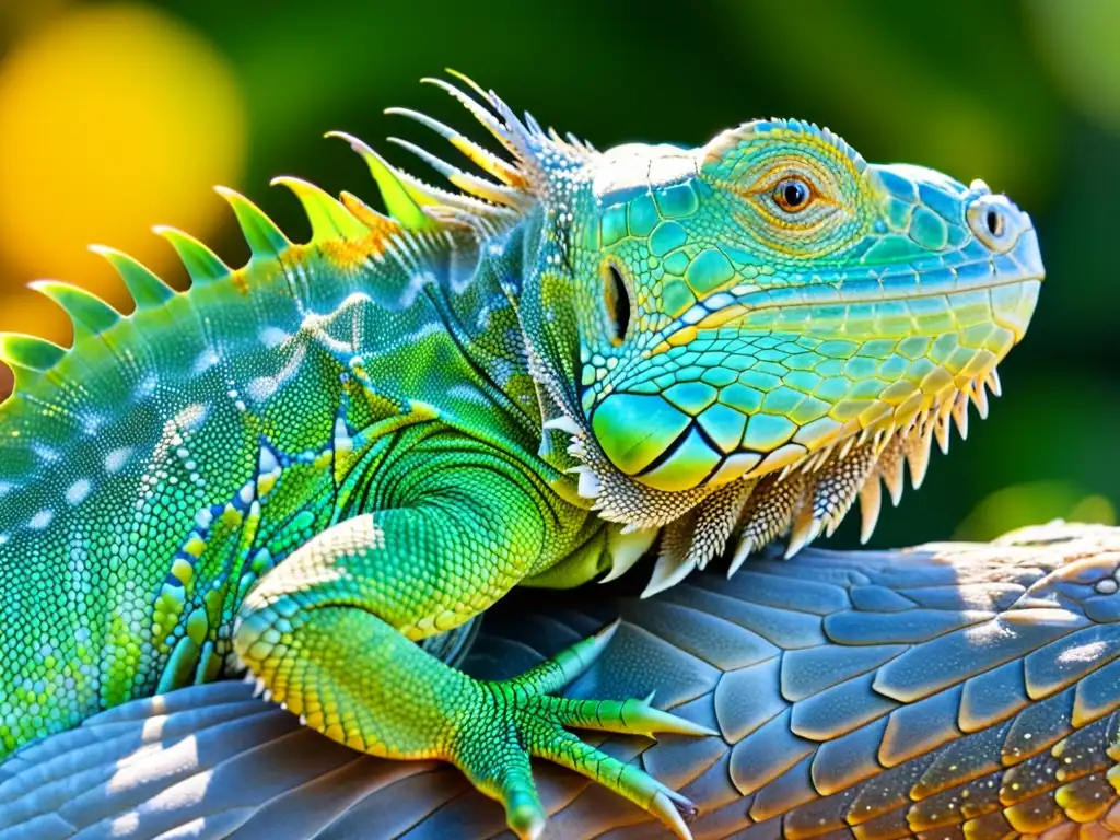 Detalle impresionante de las escamas de una iguana verde bajo la luz del sol, mostrando su patrón y textura únicos