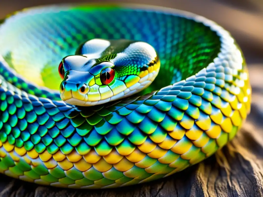 Detalle impresionante de las escamas iridiscentes en la barriga de una serpiente, demostrando la función de las escamas en reptiles