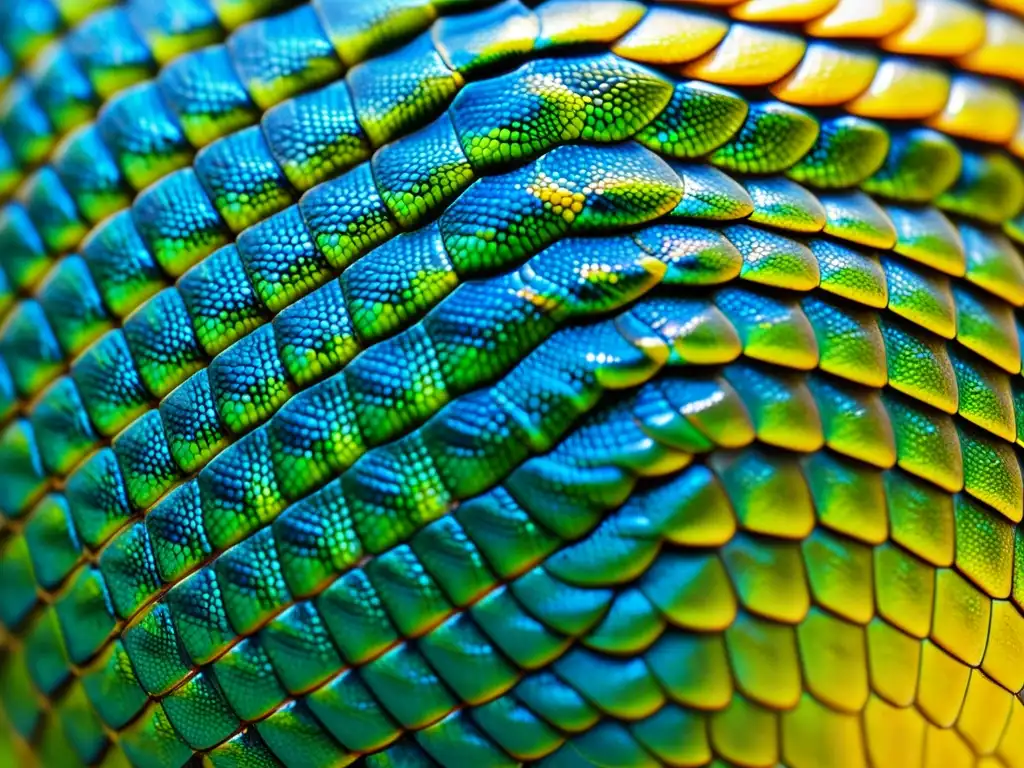 Detalle impresionante de las escamas de un reptil, bañadas en cálida luz natural