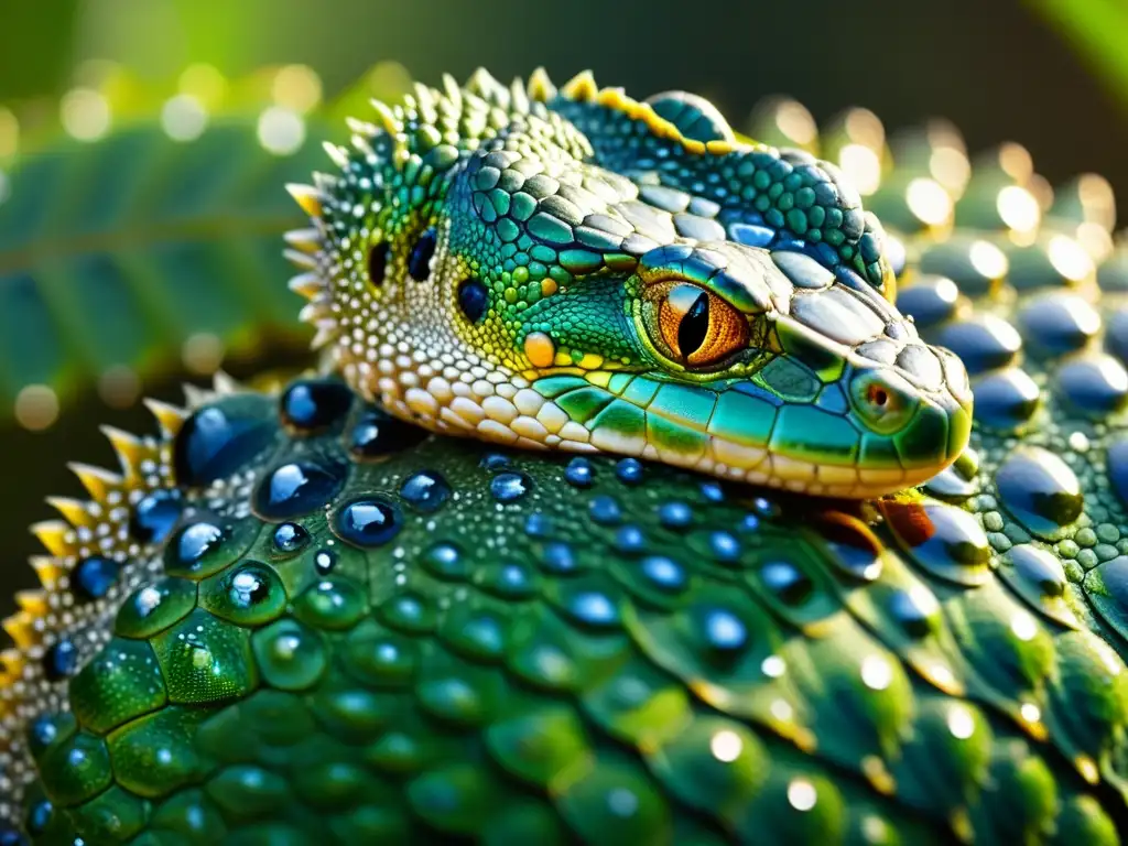 Detalle impresionante de escamas de reptil con gotas de agua, resaltando la importancia de la hidratación para reptiles