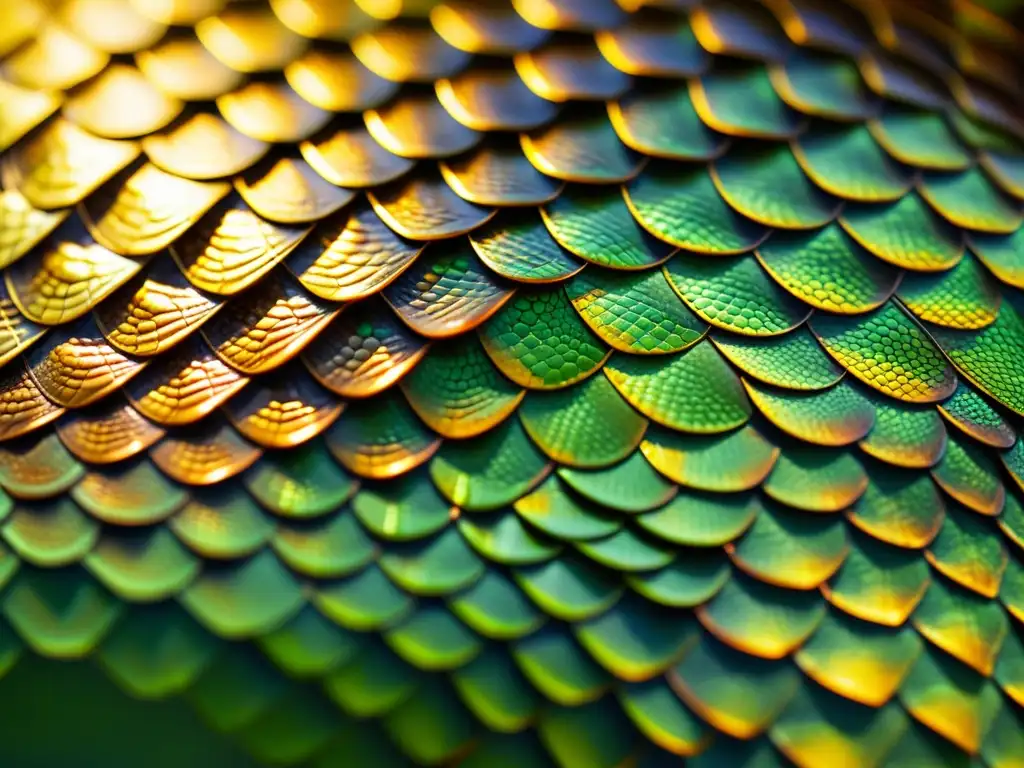 Detalle impresionante de las escamas de un reptil, bañadas en cálida luz natural