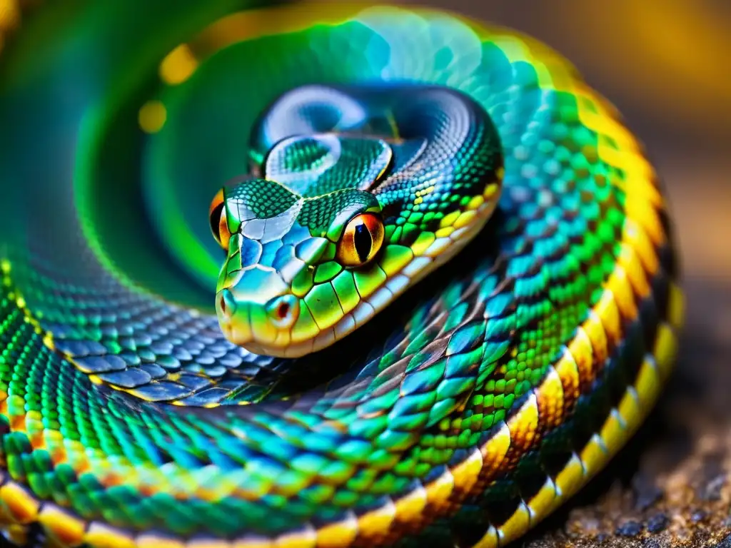 Detalle impresionante de las escamas de una serpiente, con reflejos iridiscentes