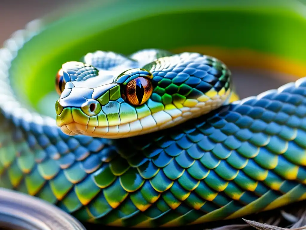 Detalle impresionante de las escamas de una serpiente iluminadas por luz natural