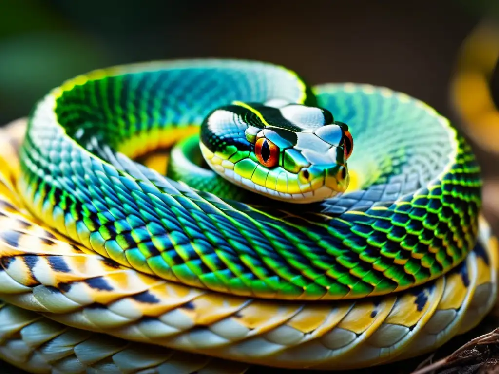 Detalle impresionante de las escamas de una serpiente iluminadas por luz natural, destacando la importancia del genoma en reptiles