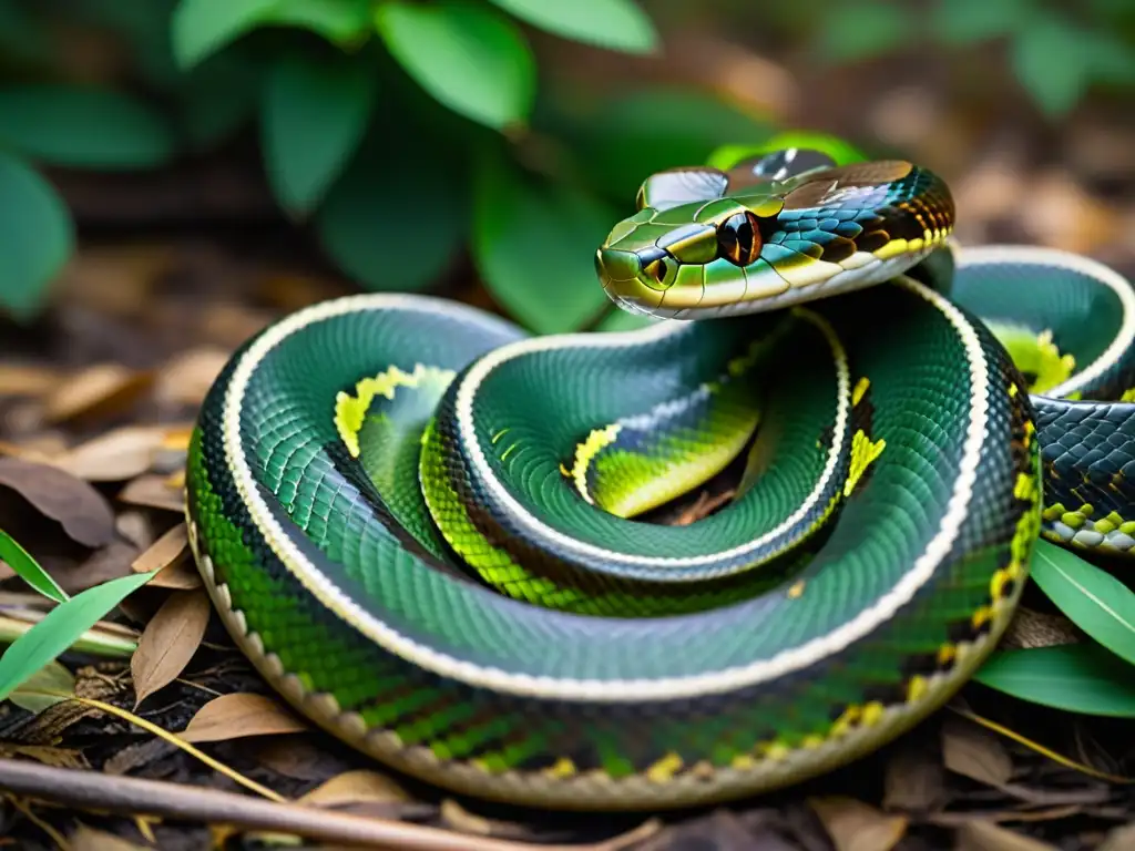 Detalle impresionante de las escamas de una serpiente en el suelo del bosque, resaltando su camuflaje y la detección de vibraciones en serpientes