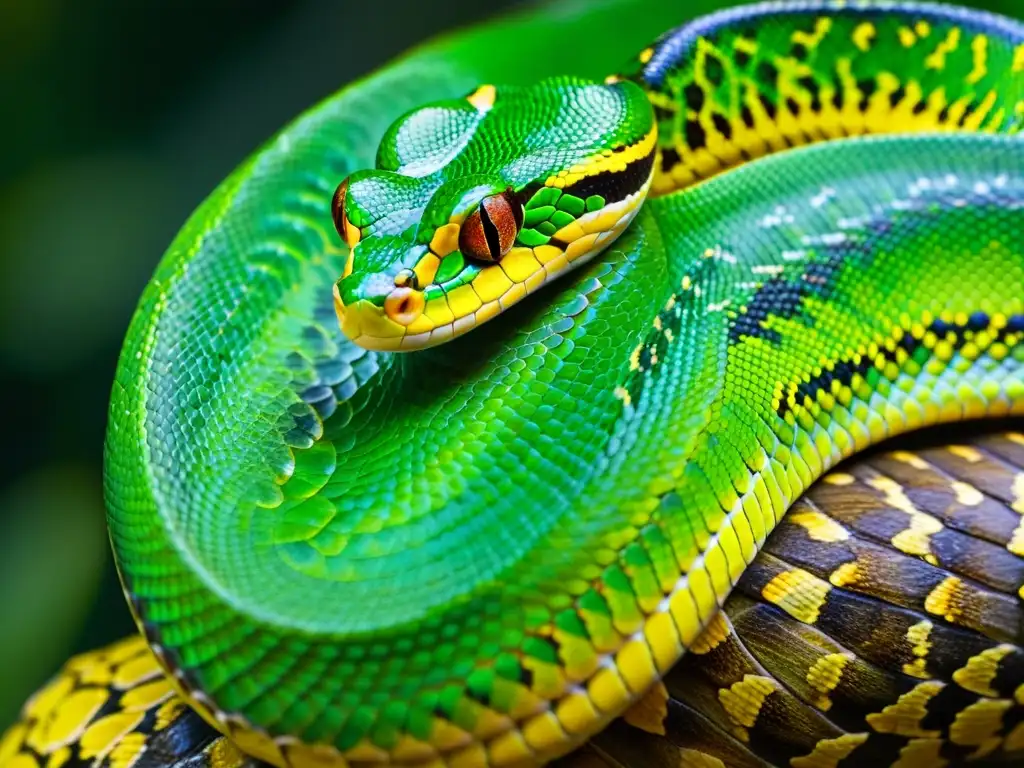 Detalle impresionante de las escamas de una pitón verde, resaltando la diversidad genética de especies de reptiles