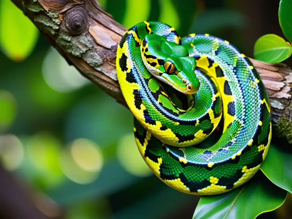 Detalle impresionante de las escamas vibrantes de una pitón verde enredada en una rama, con la luz del sol filtrándose entre las hojas, proyectando sombras moteadas en su piel esmeralda