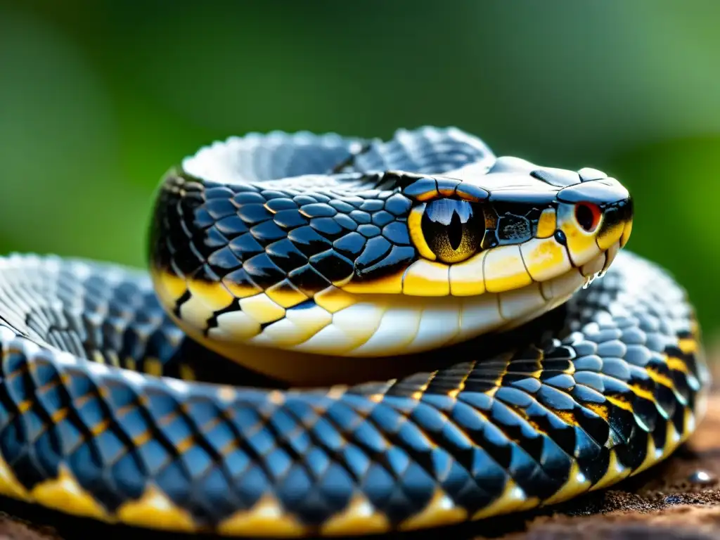 Detalle impresionante de la fisiología del veneno en reptiles: un fang venenoso de serpiente con gotas de veneno brillante en la punta