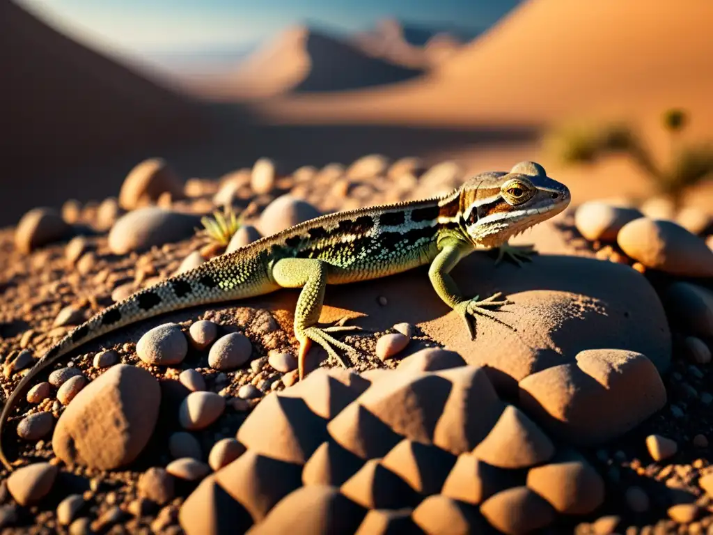 Detalle impresionante de un hábitat desértico con un reptil camuflado entre las rocas