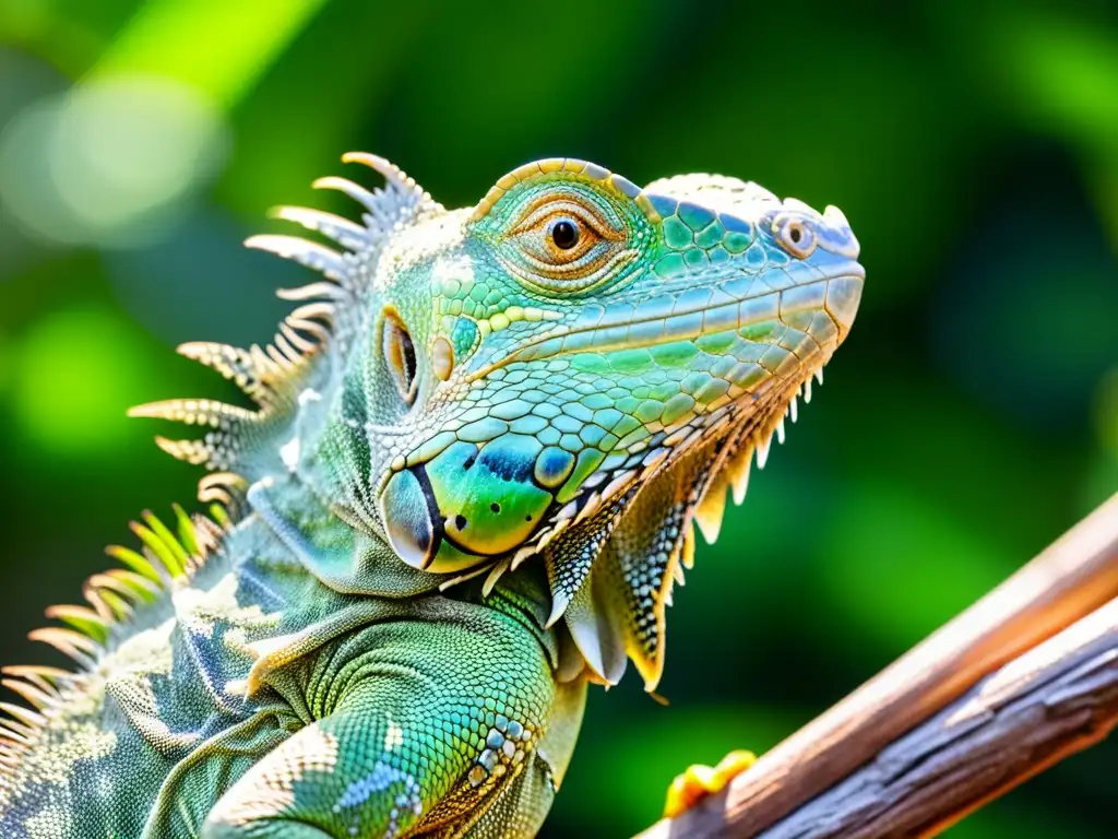 Detalle impresionante de una iguana verde en rama, con escamas y patrones detallados