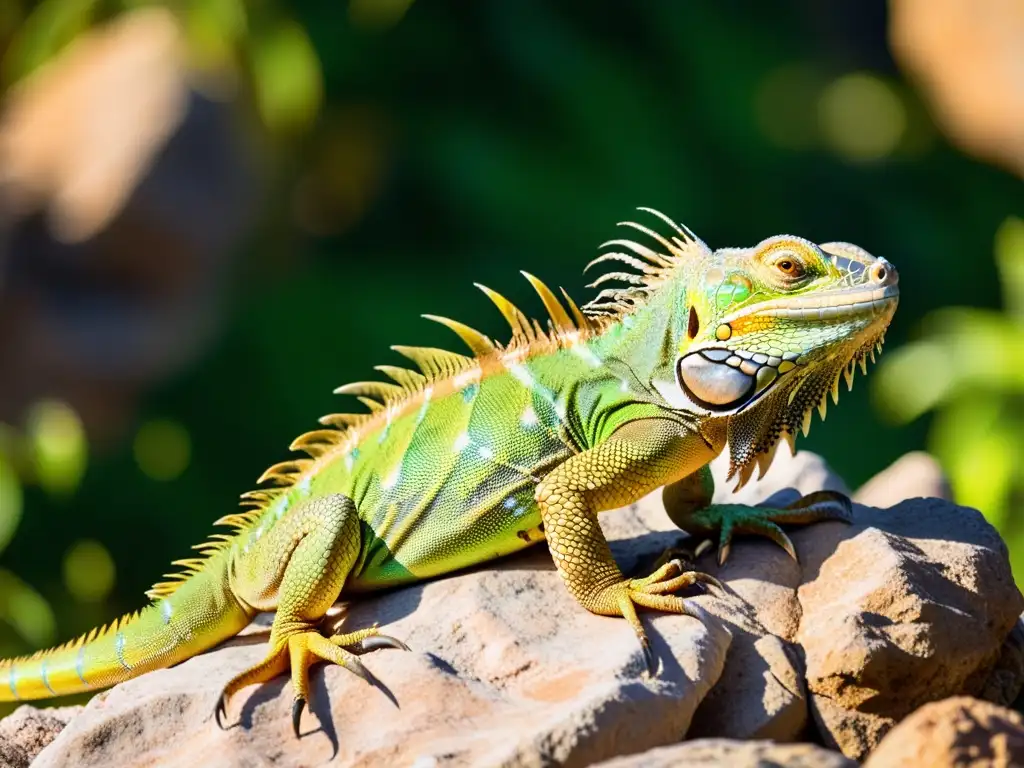 Detalle impresionante de una iguana verde en su hábitat natural, capturando la esencia de las técnicas de monitoreo postreintroducción de reptiles