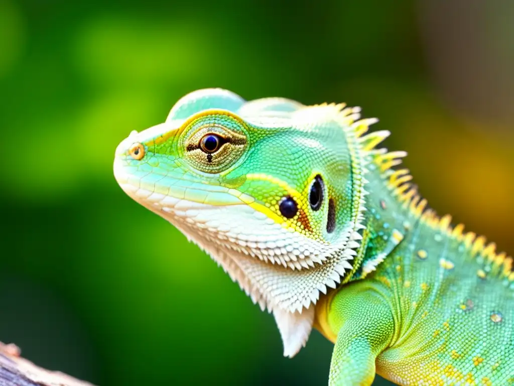 Detalle impresionante de un lagarto verde capturando un insecto, reflejando la diversidad genética de colores en lagartos