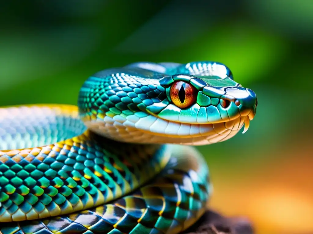 Detalle impresionante de la lengua bífida de una serpiente en caza, resaltando las texturas y colores iridiscentes de sus escamas