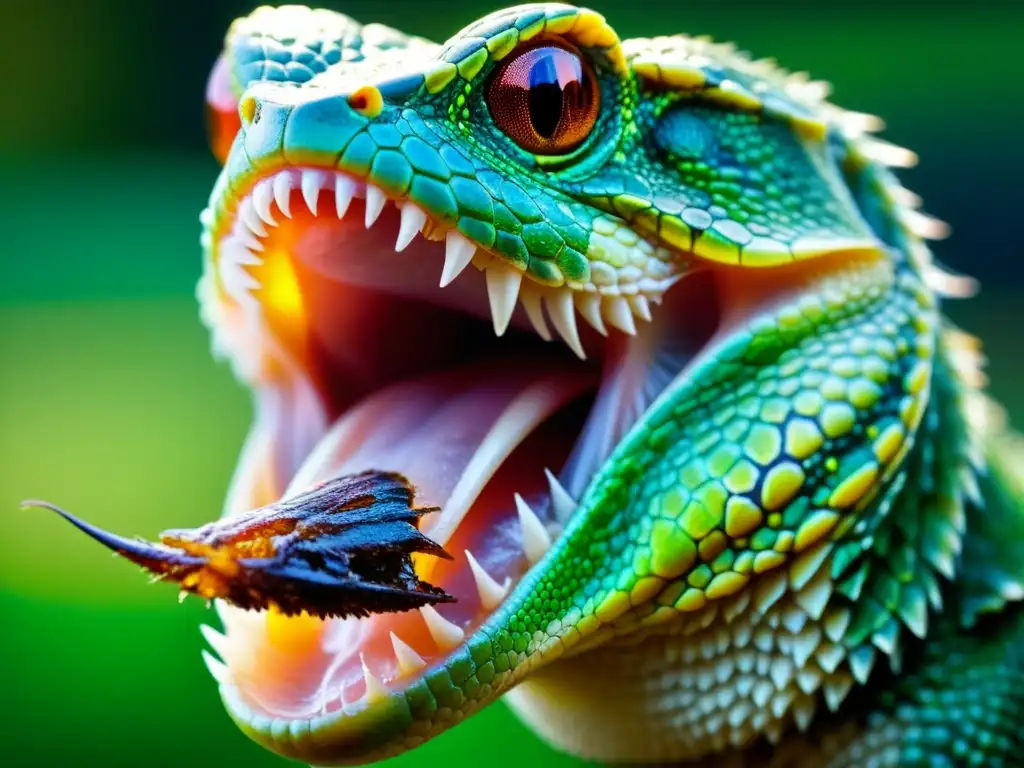 Detalle impresionante de la lengua de reptil atrapando insecto