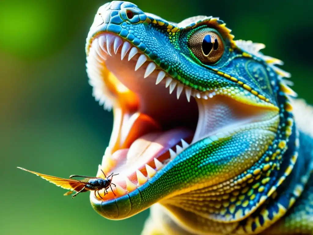 Detalle impresionante de la lengua de un reptil capturando un insecto, resaltando la nutrición saludable reptiles con IA