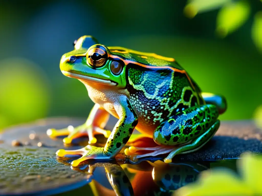 Detalle impresionante de un macho de rana en su ritual de cortejo, con colores vibrantes y patrones en su piel