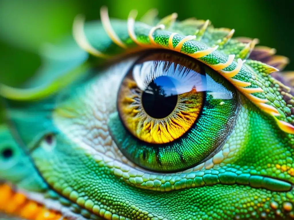 Detalle impresionante del ojo de un camaleón, con patrón iris, textura párpado y brillo córnea