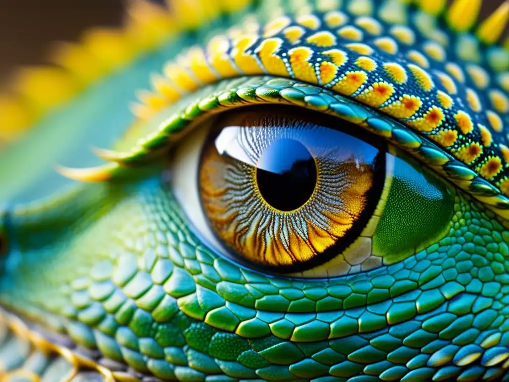 Detalle impresionante del ojo de un reptil, revelando sus escamas y colores