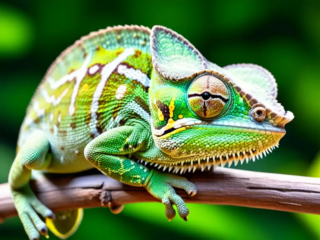 Detalle de una impresionante fotografía de personalidad de reptiles: un camaleón verde en su rama, observando atentamente a un insecto