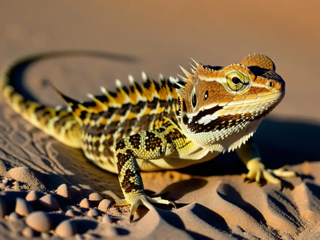 Detalle impresionante de la piel escamosa de un reptil desértico, mostrando su adaptación al entorno árido