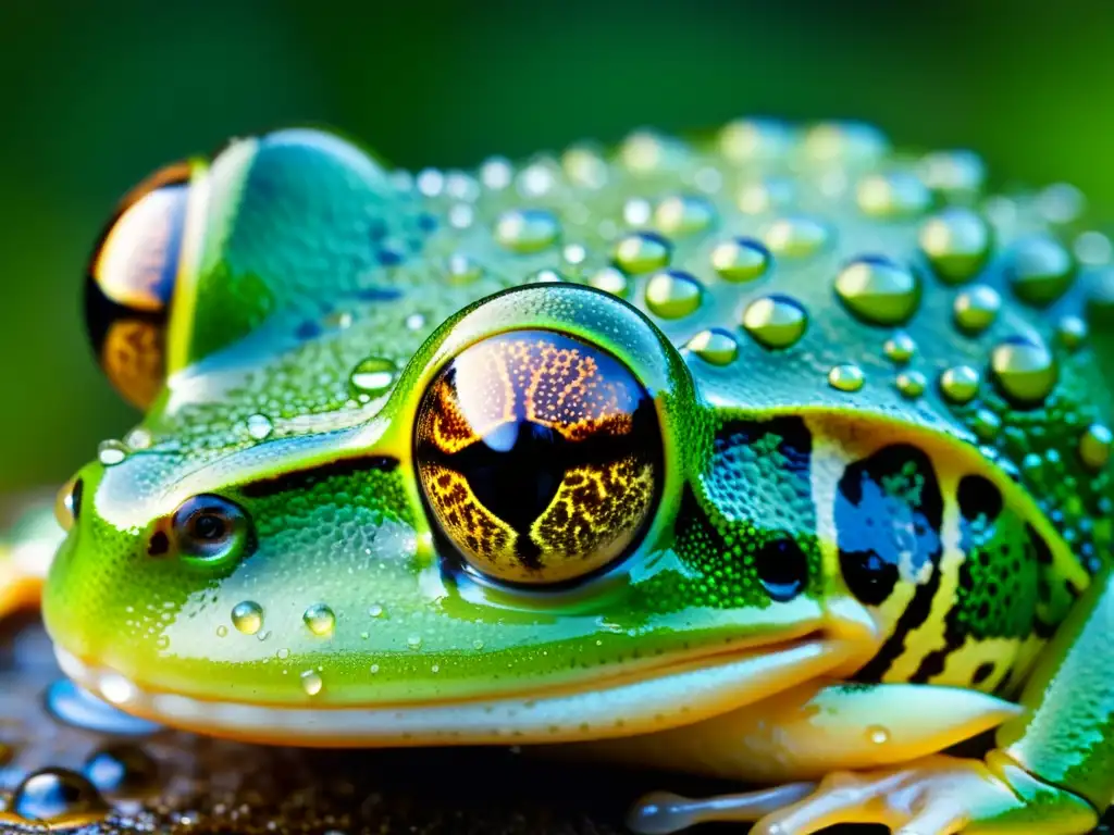 Detalle impresionante de la piel de una rana mostrando patrones y texturas, con gotas de agua