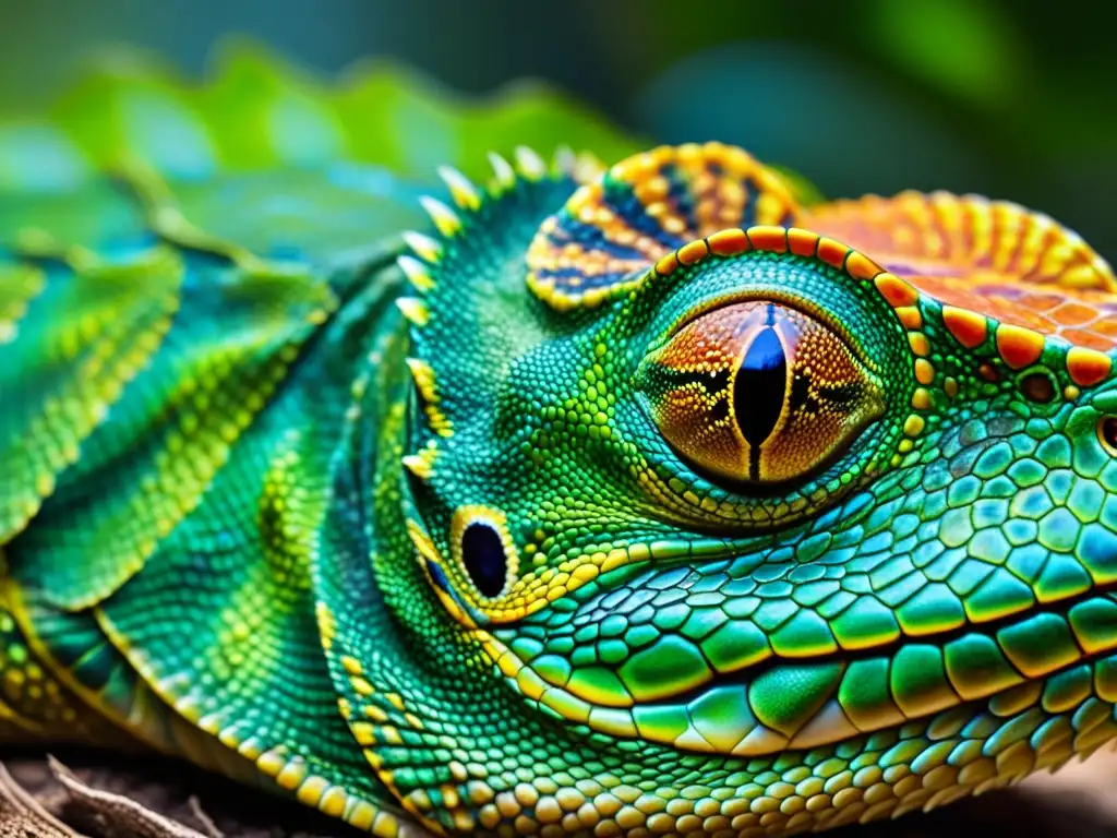 Detalle impresionante de la piel de un reptil, resaltando sus escamas y colores vibrantes