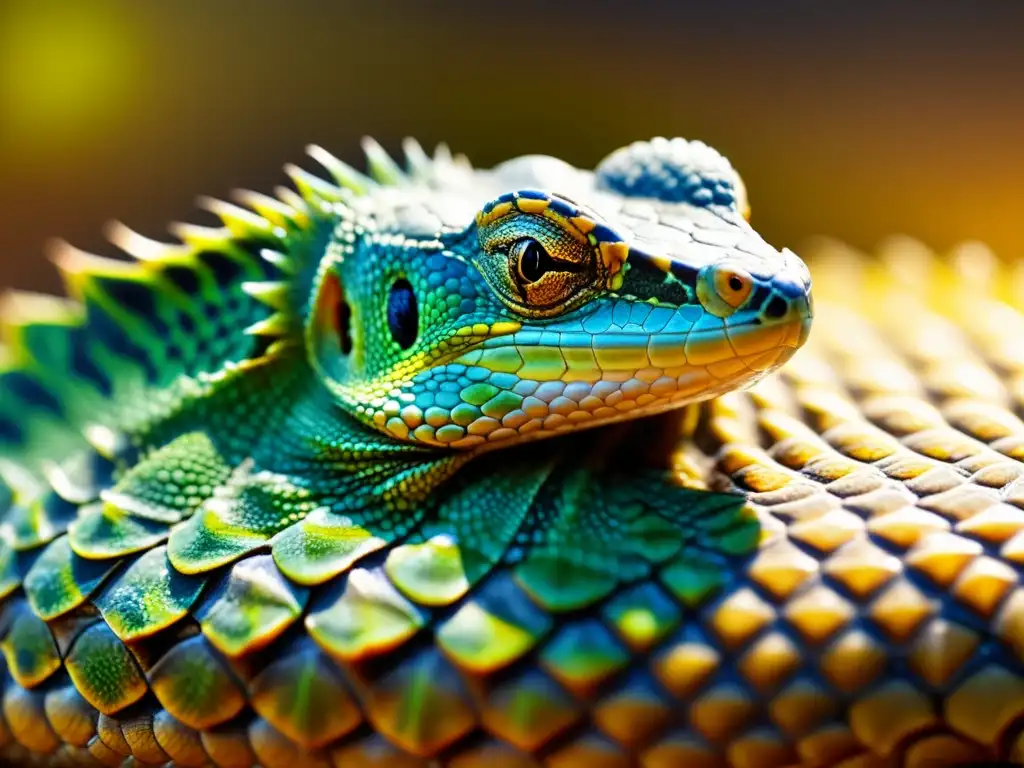 Detalle impresionante de la piel de un reptil bajo cálida luz