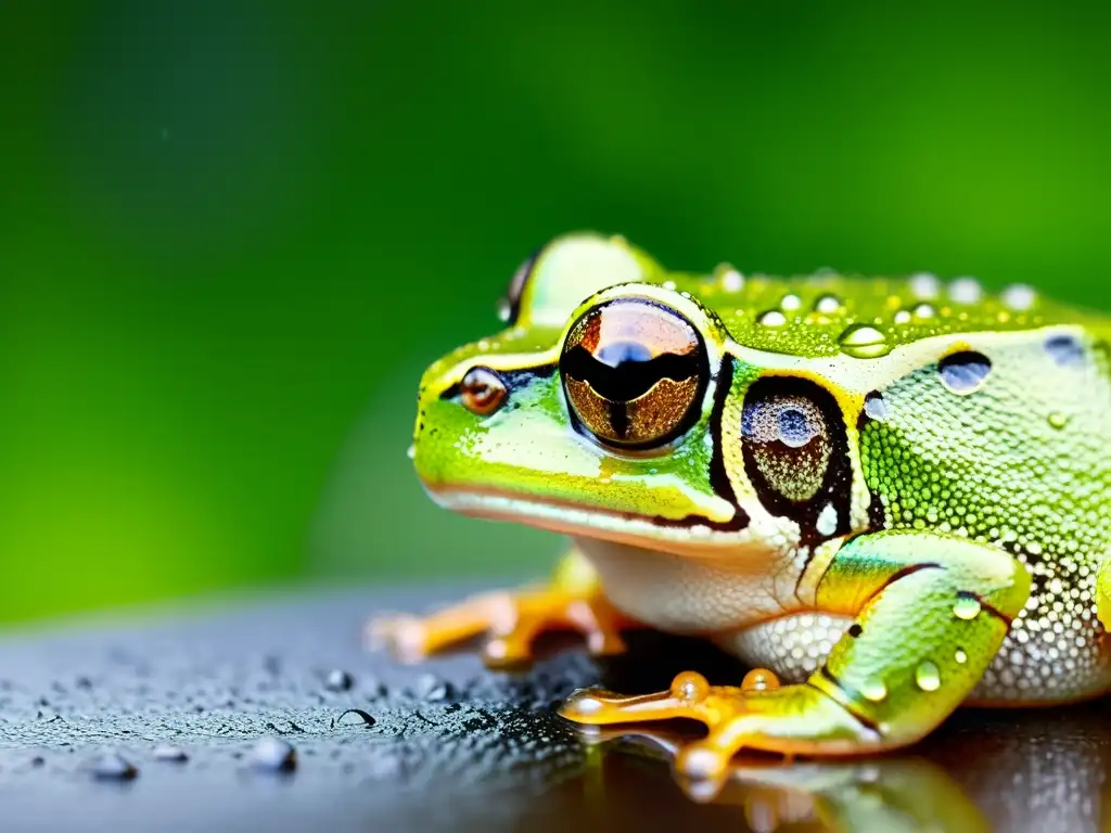 Detalle impresionante de la piel rugosa de una rana arbórea verde con gotas de agua