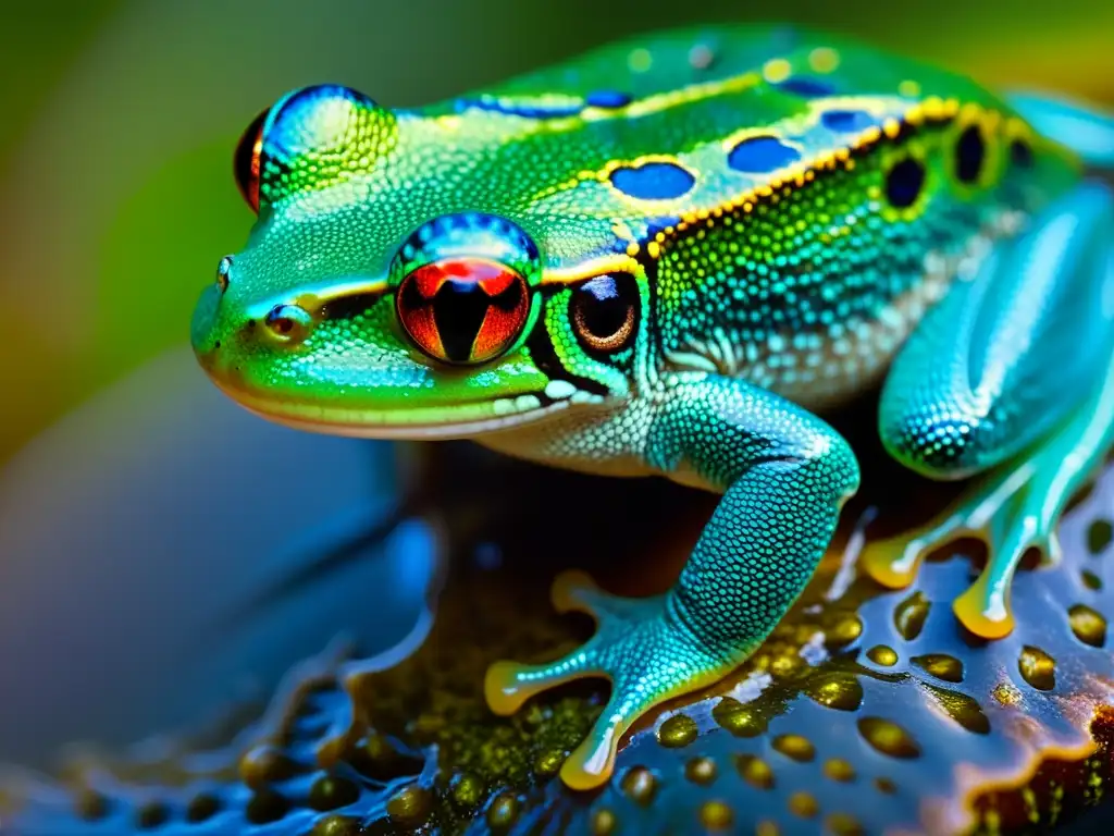 Detalle impresionante de la piel húmeda y saludable de un anfibio, resaltando sus patrones y texturas vibrantes